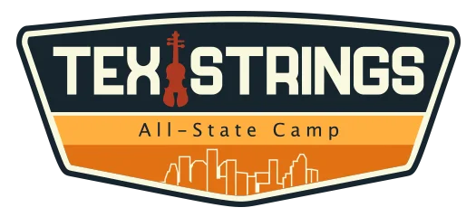 TexStrings All-State Camp logo. Shaped like a vintage gas station sign, the logo contains the name at the top, with a violin in between Tex and Strings, beige on a dark blue background, with All-State Camp below in dark blue on an orange background, and an outline of the Houston downtown skyline at the bottom.
